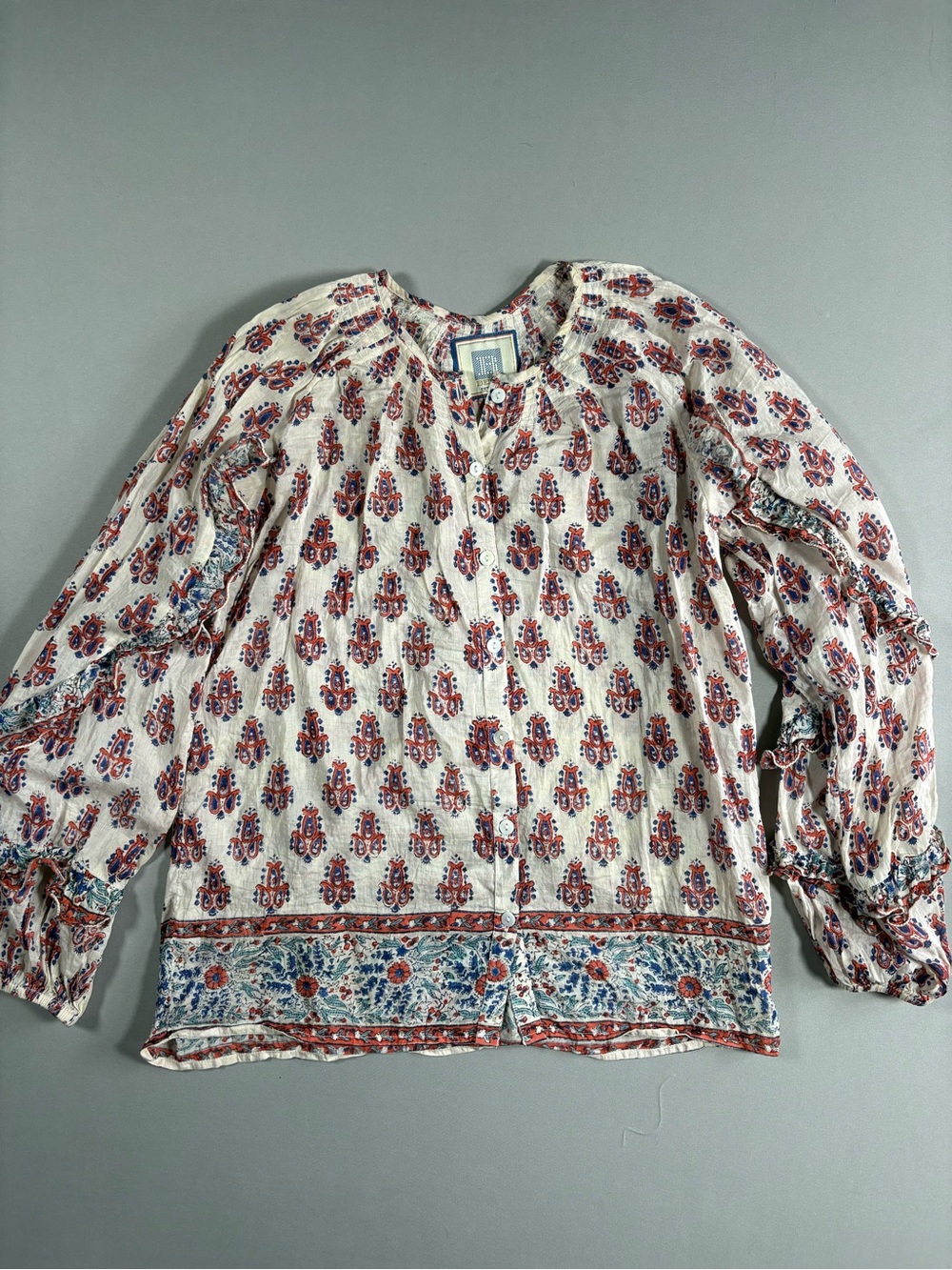 Bell by Alicia Bell Silk Cotton Block Printed Long Sleeve Blouse Size XS